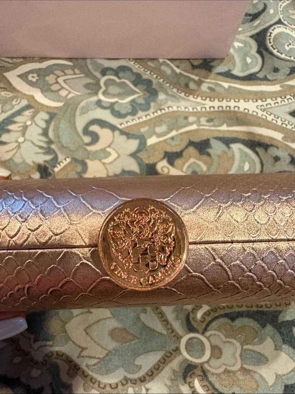 Vince Camuto Metallic Rose Gold Snake-Embossed Clutch